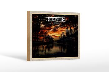 Panneau en bois villes Hambourg port coucher de soleil 18x12 cm décoration 1