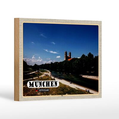 Cartel de madera ciudades Munich Castillo Isar río 18x12 cm decoración