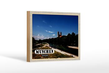 Panneau en bois villes Munich château Isar rivière 18x12 cm décoration 1