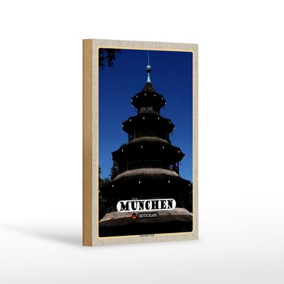 Letrero de madera ciudades Múnich arquitectura torre china 12x18 cm