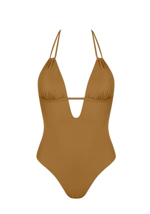 Double straps v-neck swimsuit-Sand Brown