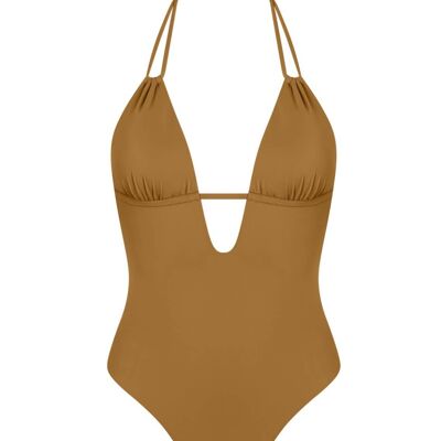 Double straps v-neck swimsuit-Sand Brown
