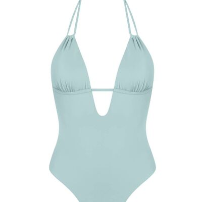 Double straps v-neck swimsuit-Misty Blue