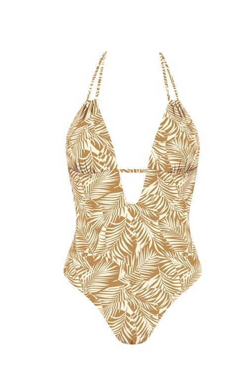 Double straps v-neck swimsuit-Brown Banana Leaf