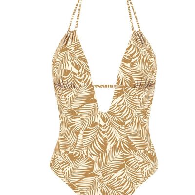 Double straps v-neck swimsuit-Brown Banana Leaf