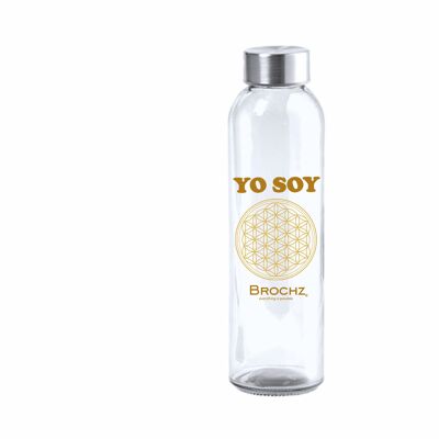 Botella de cristal para agua. Botella reutilizable YO SOY sin BPA con diseño del álbol de la vida. Cuida tu salud, cuida el planeta.