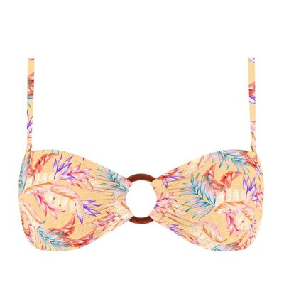 Top bikini a fascia canalizzata con stampa di hojas de palmera ámbar