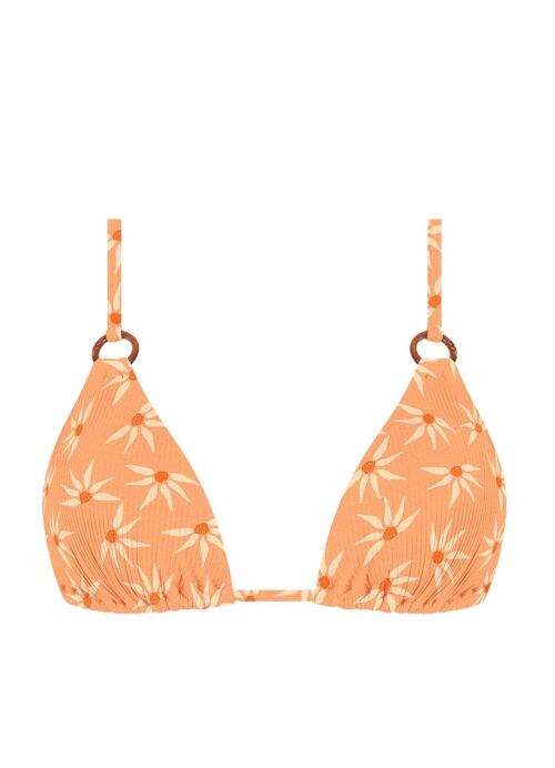 Top de bikini triangular de canalé con estampado de gerberas naranjas