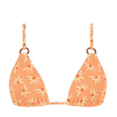 Top de bikini triangular de canalé con estampado de gerberas naranjas