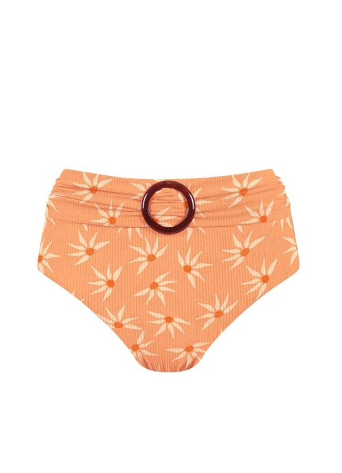 Braguita de bikini de canalé de cintura alta con estampado de gerberas naranjas