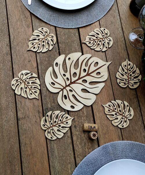 Table Set Monstera - Wood - Pot Base+Coasters+Napkin Rings