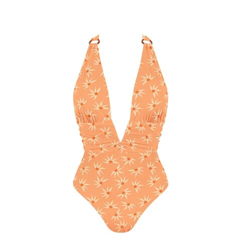 Ribbed Swimsuit-Orange Gerbera Print