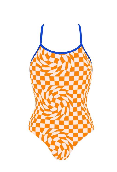 Swimsuit with contrast band-Orange Checkerboard