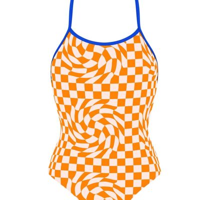 Bañador con banda a contraste-Orange Checkerboard