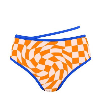 Bikinihose mit hoher Taille, orangefarbenes Schachbrettmuster