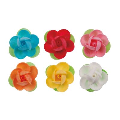 EDIBLE ROSES MINIS WAFER WITH LEAF 6 ASSORTED COLORS Ø 4CM