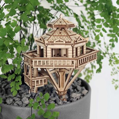 Piccole case sugli alberi avamposto nel bosco, puzzle 3D in legno fai da te