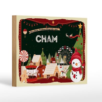 Cartel de madera Saludos navideños CHAM regalo decoración fiesta 18x12 cm
