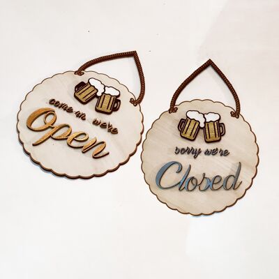 Letrero de madera abierto cerrado reversible - Negocio - Café - Cerveza - Mascota - Arte en capas