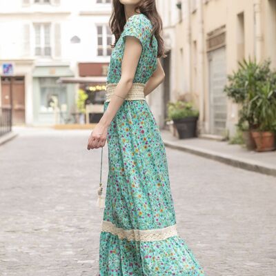 Long bohemian print dress with button front
