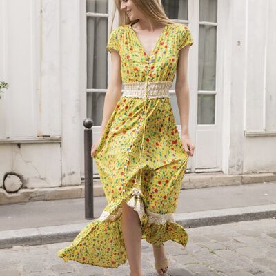 Long bohemian print dress with button front