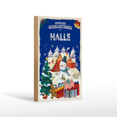 Holzschild Weihnachtsgrüße aus HALLE Geschenk Dekoration 12x18 cm