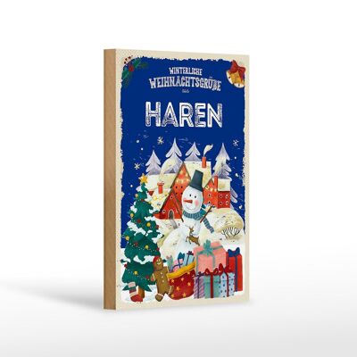 Holzschild Weihnachtsgrüße aus HAREN Geschenk Dekoration 12x18 cm