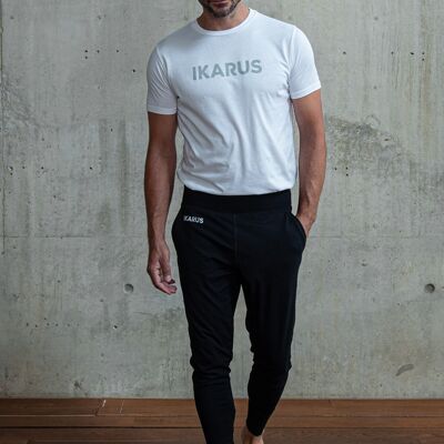 Traje de yoga de algodón orgánico y modal | Pantalones de yoga (negro) y camiseta (blanco, estampado en negrita)