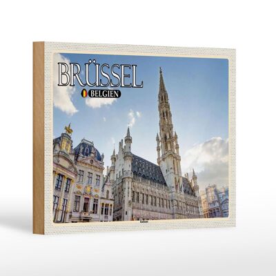 Cartel de madera viaje 18x12 cm Bruselas Bélgica ayuntamiento nubes