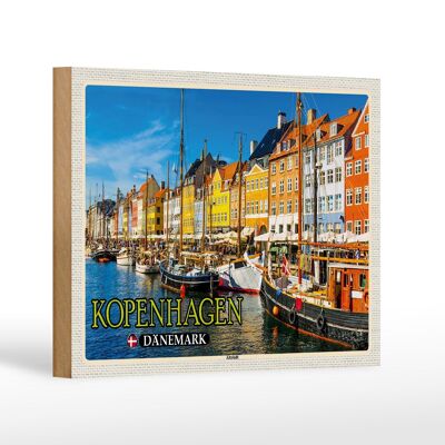 Cartello in legno da viaggio 18x12 cm Copenhagen Danimarca barche del centro storico