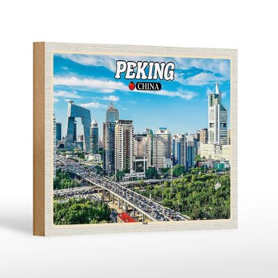 Holzschild Reise 18x12 cm Peking China Stadt Hochhäuser Skyline