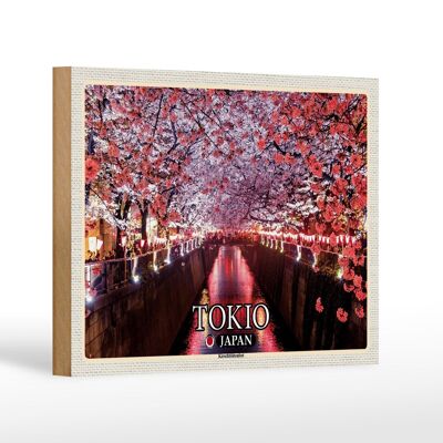 Cartel de madera viaje 18x12 cm Tokio Japón festival de los cerezos en flor árboles río