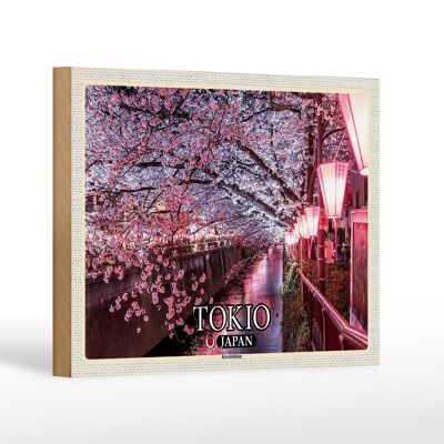 Wooden sign travel 18x12 cm Tokyo Japan cherry blossoms trees river decoration
