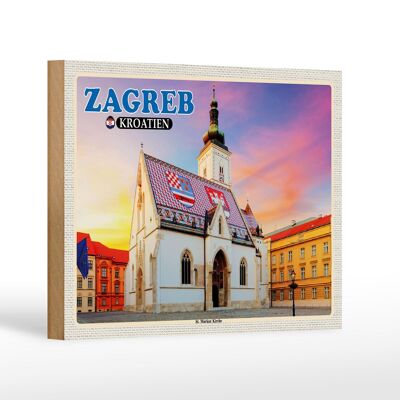 Cartel de madera viaje 18x12 cm Zagreb Croacia St. Iglesia de Marcos
