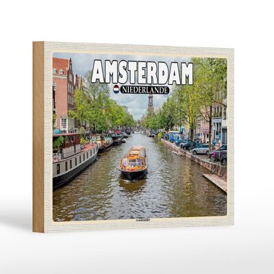 Cartello in legno da viaggio 18x12 cm Amsterdam Paesi Bassi crociera sul canale sul fiume