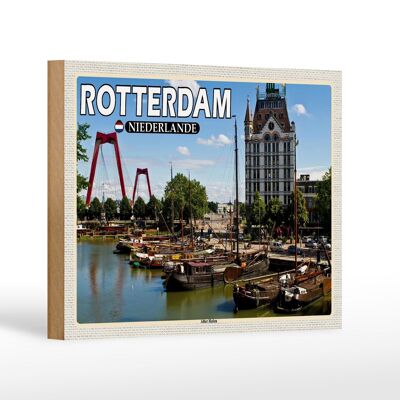 Panneau en bois voyage 18x12 cm Rotterdam Pays-Bas Vieux Port Bateaux