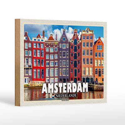 Cartel de madera de viaje 18x12 cm Amsterdam Países Bajos Casas Danzantes Decoración