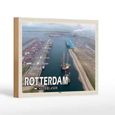 Panneau en bois voyage 18x12 cm navires du port de Rotterdam Pays-Bas
