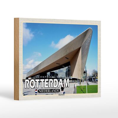 Panneau en bois voyage 18x12 cm Gare centrale de Rotterdam Pays-Bas
