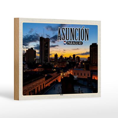 Cartel de madera viaje 18x12 cm Asunción Paraguay horizonte atardecer