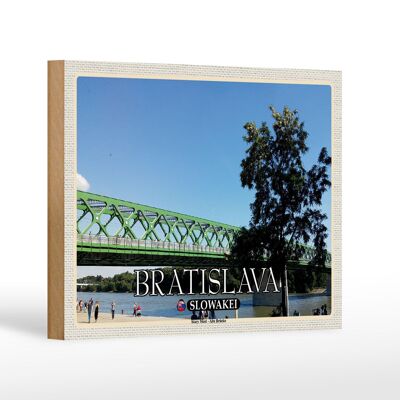 Panneau en bois voyage 18x12 cm Bratislava Slovaquie Stary Most Old Bridge