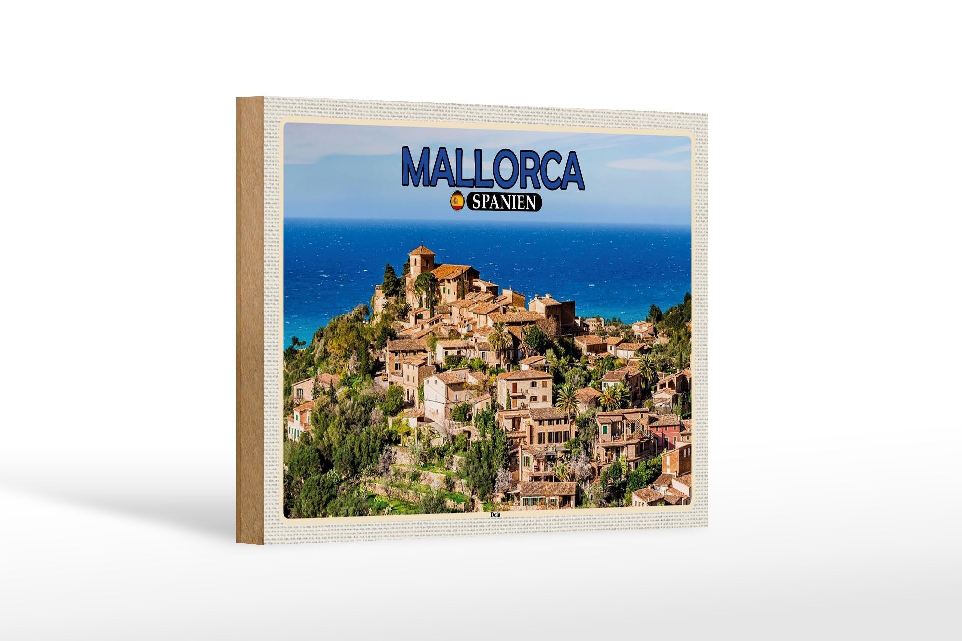 Cartel de madera viaje 18x12 cm Mallorca España Deià mar pequeño pueblo