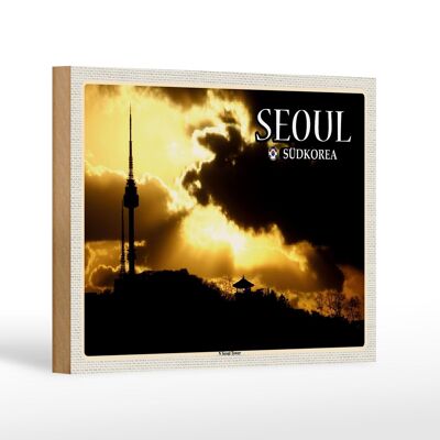 Cartel de madera de viaje 18x12 cm Seúl Corea del Sur N Torre de Televisión de la Torre de Seúl