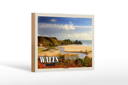 Holzschild Reise 18x12 cm WalesThree Cliffs Bay Bucht Dekoration