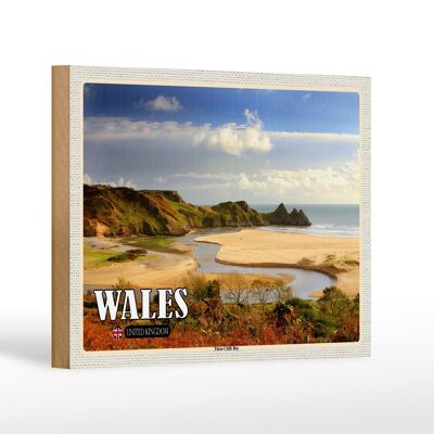 Holzschild Reise 18x12 cm WalesThree Cliffs Bay Bucht Dekoration