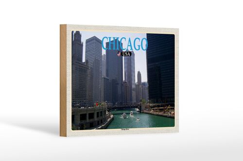 Holzschild Reise 18x12 cm Chicago USA Chicago River Fluss Hochhäuser