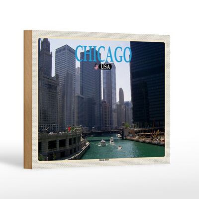 Cartel de madera de viaje 18x12 cm Chicago EE. UU. Río Chicago edificios de gran altura
