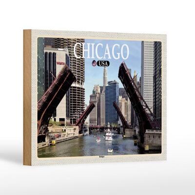 Cartel de madera viaje 18x12 cm Chicago USA Puentes Puentes Río Decoración