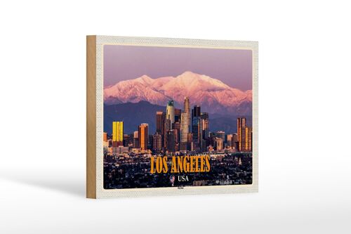 Holzschild Reise 18x12 cm Los Angeles Skyline Berge Wolkenkratzer