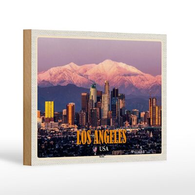 Holzschild Reise 18x12 cm Los Angeles Skyline Berge Wolkenkratzer